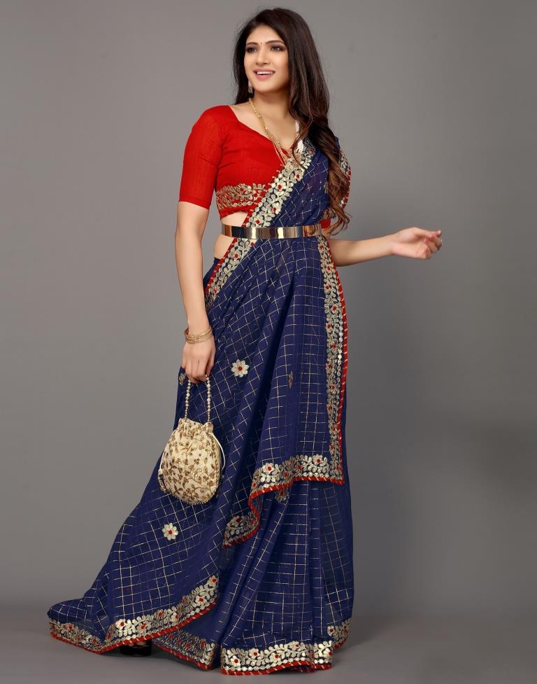 Navy Blue Cotton Geometric Woven Saree | Sudathi