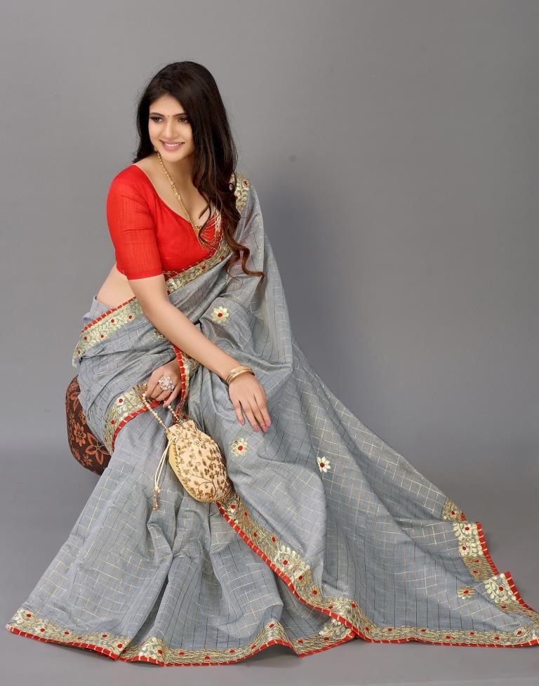 Grey Cotton Geometric Woven Saree | Sudathi