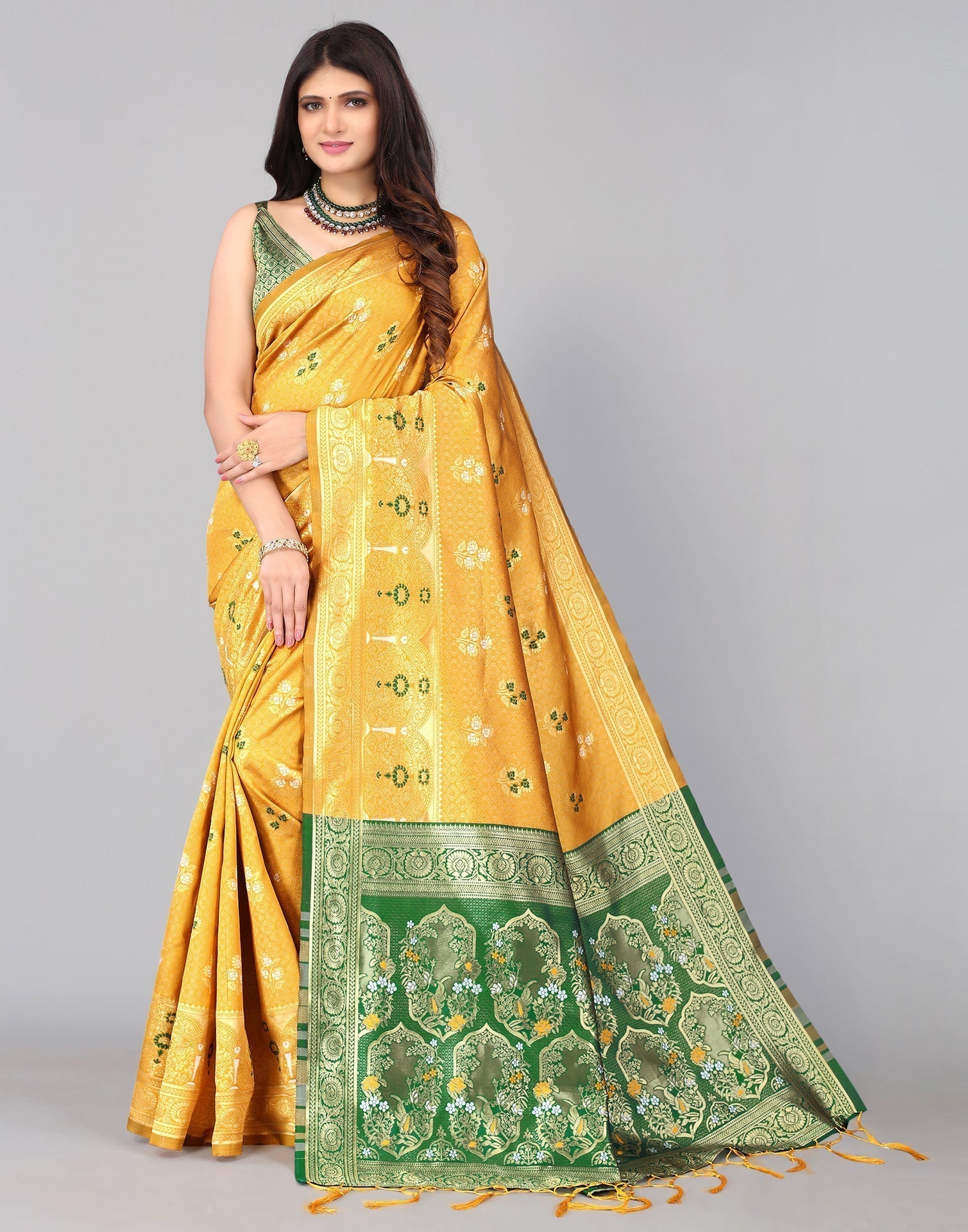 Mustard Yellow And Golden Silk Saree | Leemboodi