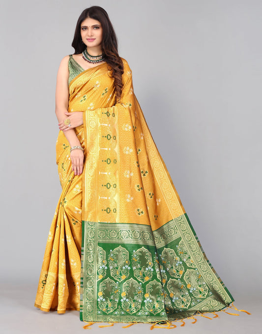 Mustard Yellow And Golden Silk Saree | Leemboodi