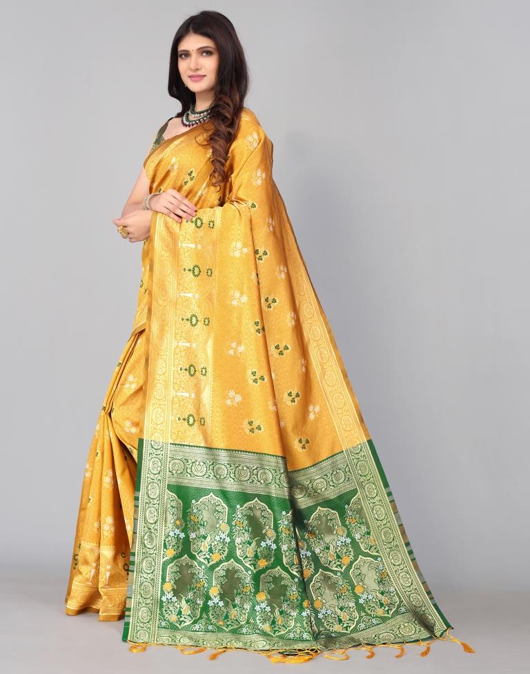 Mustard Yellow And Golden Silk Saree | Leemboodi