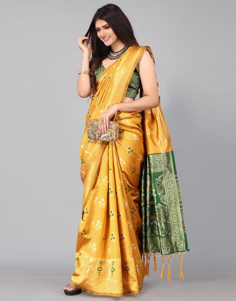 Mustard Yellow And Golden Silk Saree | Leemboodi