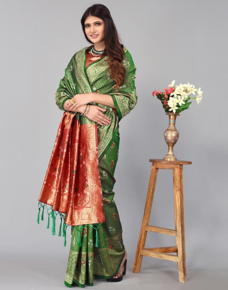 Green And Golden Silk Saree | Sudathi