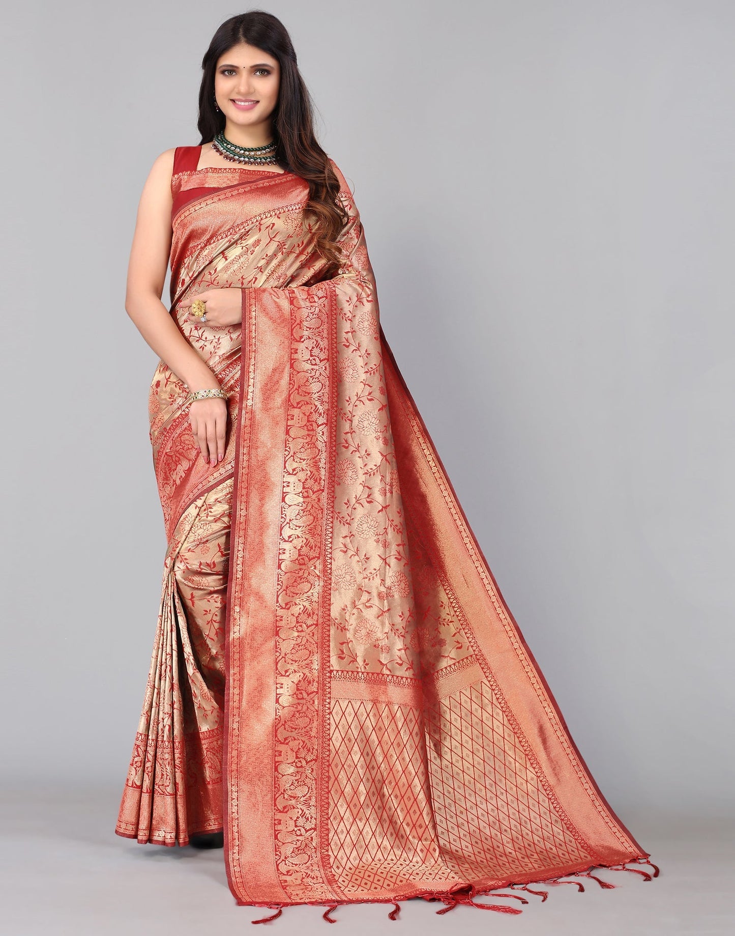 Maroon And Golden Silk Saree | Leemboodi