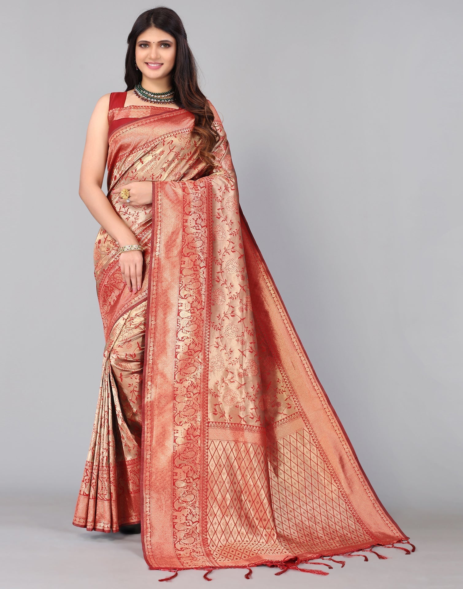 Maroon And Golden Silk Saree | Leemboodi