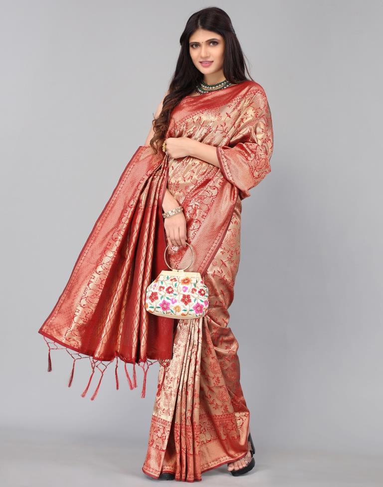 Maroon And Golden Silk Saree | Leemboodi