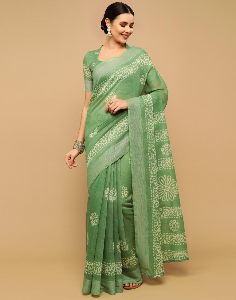 Light Green And Cream Cotton Saree | Leemboodi
