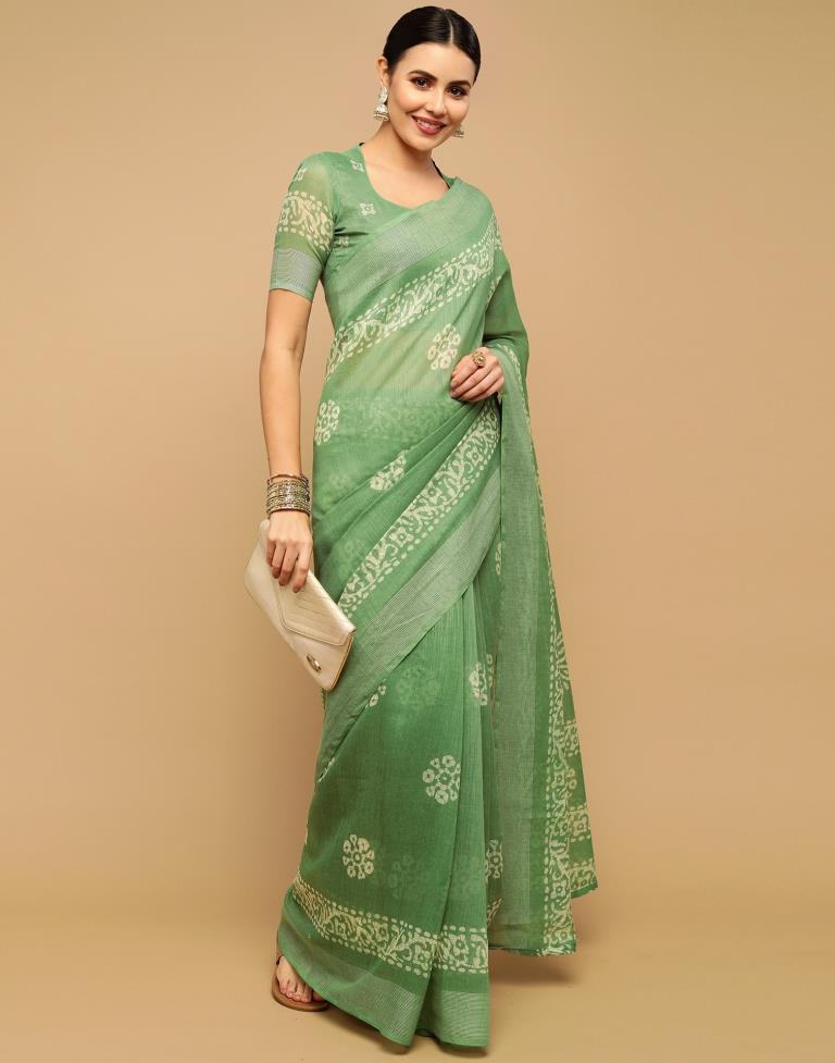 Light Green And Cream Cotton Saree | Leemboodi