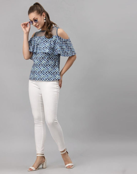 Blue Colored Crepe Digital Printed Top | Sudathi