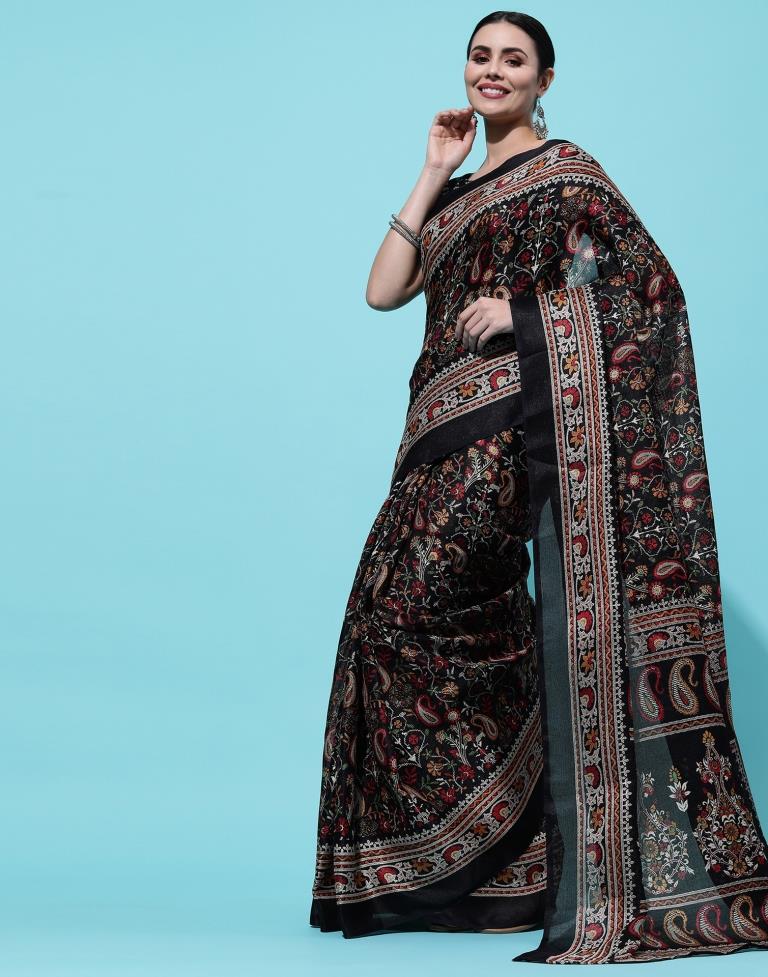 Black Printed Polyester Saree