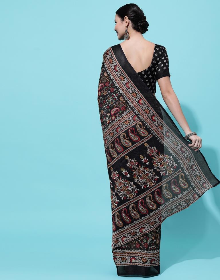 Black Printed Polyester Saree