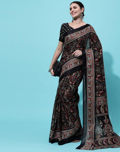 Black Printed Polyester Saree
