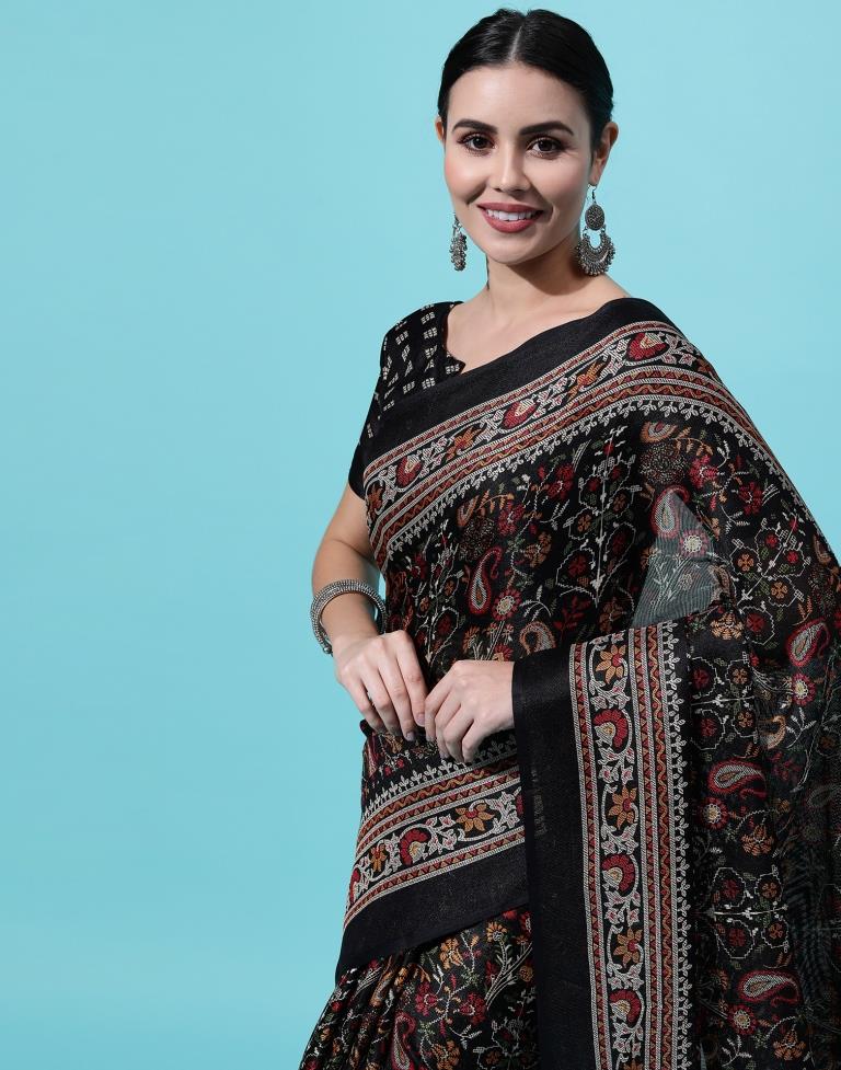 Black Printed Polyester Saree