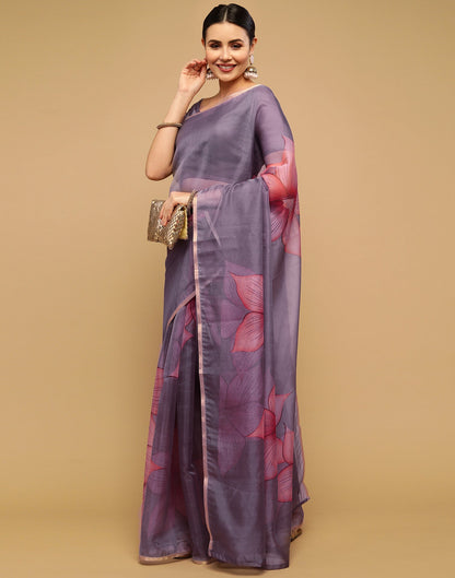 Grey And Light Pink Printed Organza Saree | Sudathi