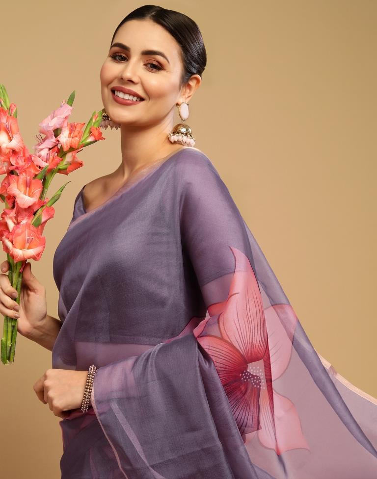 Grey And Light Pink Printed Organza Saree | Sudathi