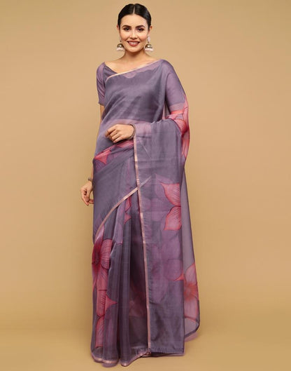 Grey And Light Pink Printed Organza Saree | Sudathi