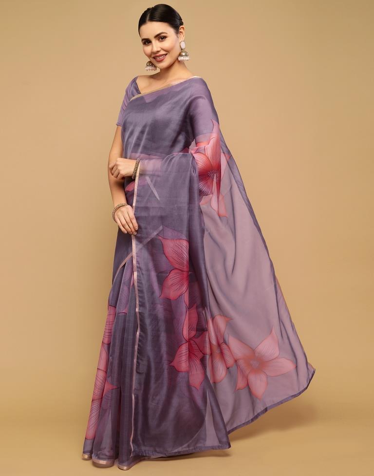 Grey And Light Pink Printed Organza Saree | Sudathi