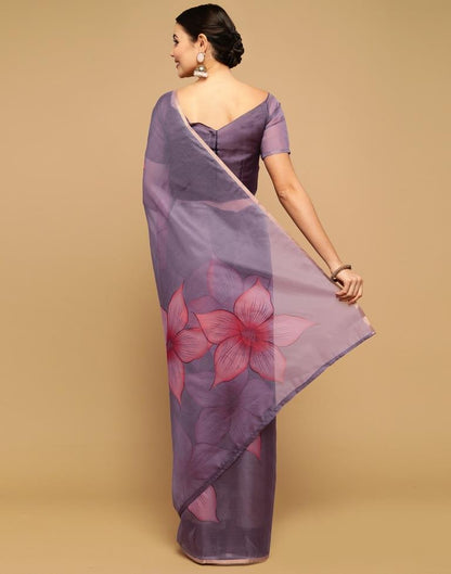 Grey And Light Pink Printed Organza Saree | Sudathi