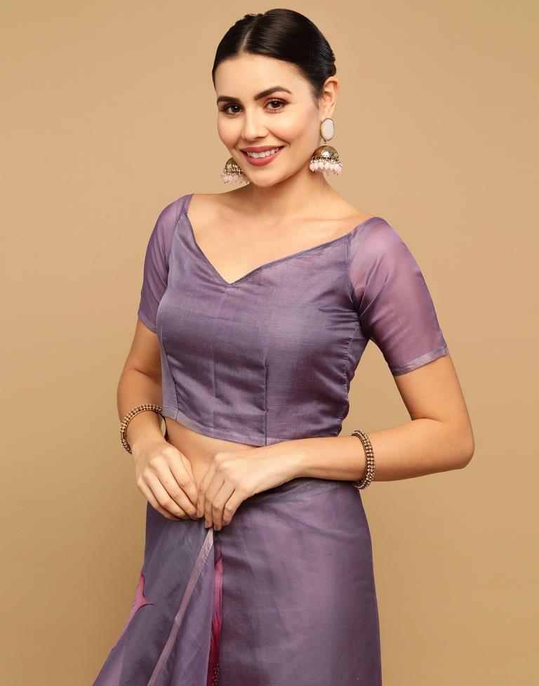 Grey And Light Pink Printed Organza Saree | Sudathi