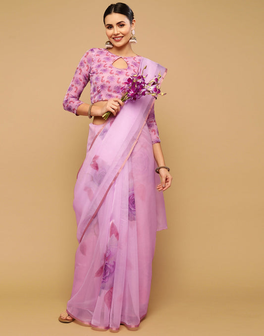Light Pink Printed Organza Saree | Sudathi