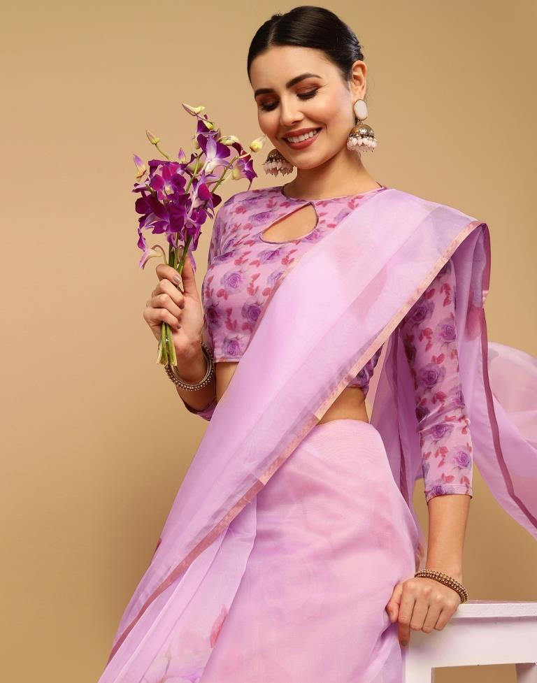 Light Pink Printed Organza Saree | Sudathi