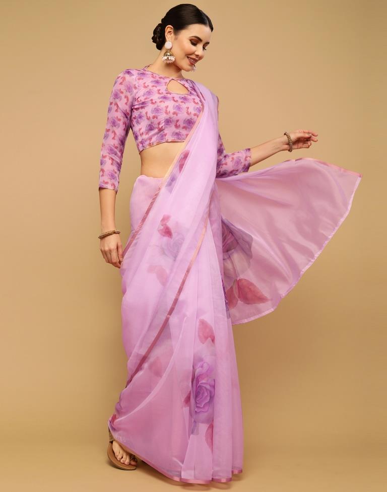 Light Pink Printed Organza Saree | Sudathi