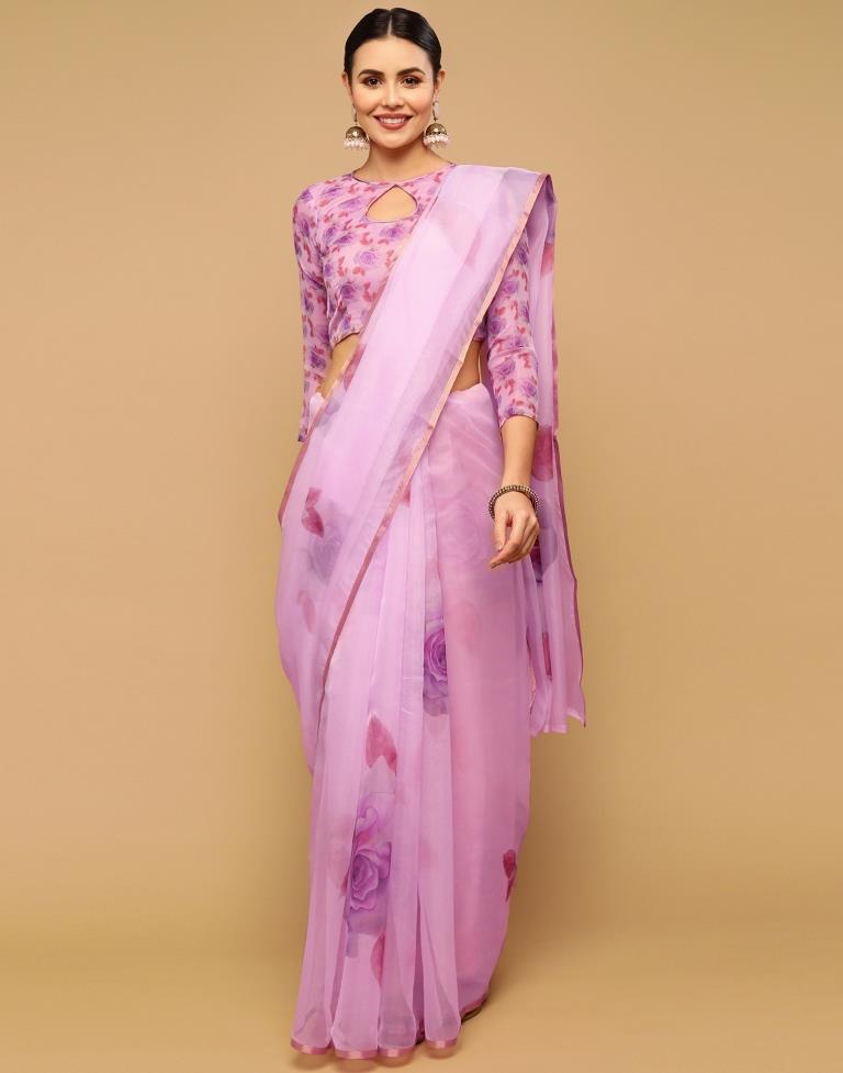 Light Pink Printed Organza Saree | Sudathi