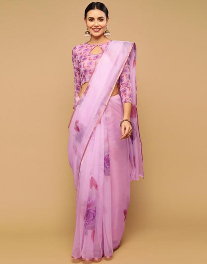 Light Pink Printed Organza Saree | Sudathi