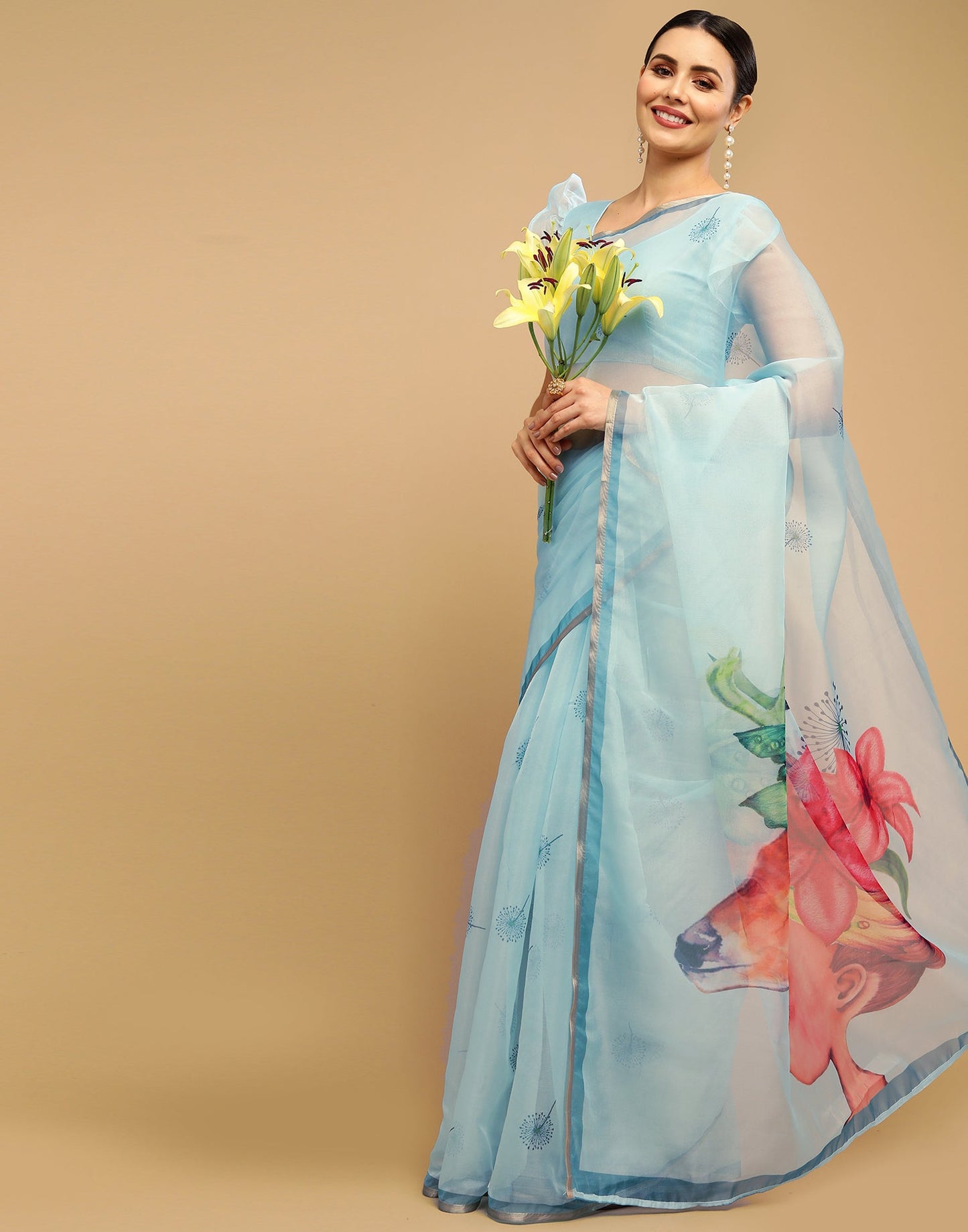 Light Blue Printed Organza Saree | Sudathi