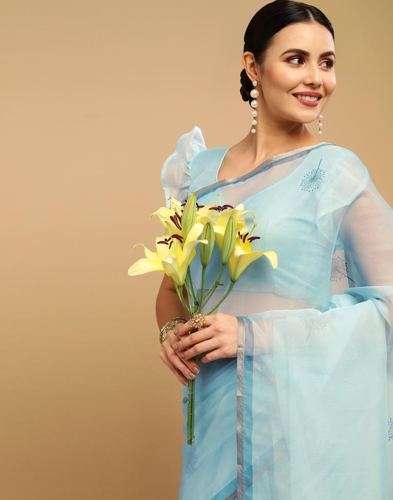 Light Blue Printed Organza Saree | Sudathi