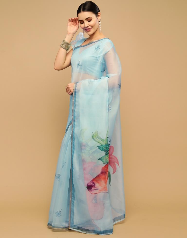 Light Blue Printed Organza Saree | Sudathi