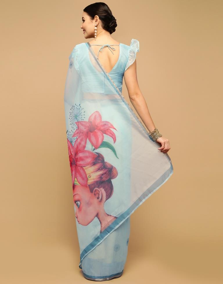 Light Blue Printed Organza Saree | Sudathi