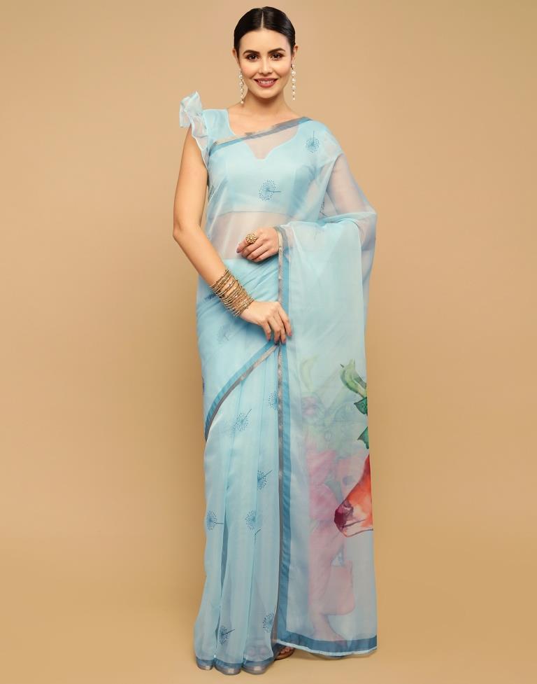 Light Blue Printed Organza Saree | Sudathi