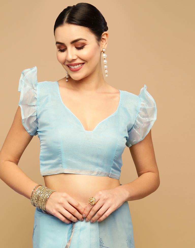 Light Blue Printed Organza Saree | Sudathi