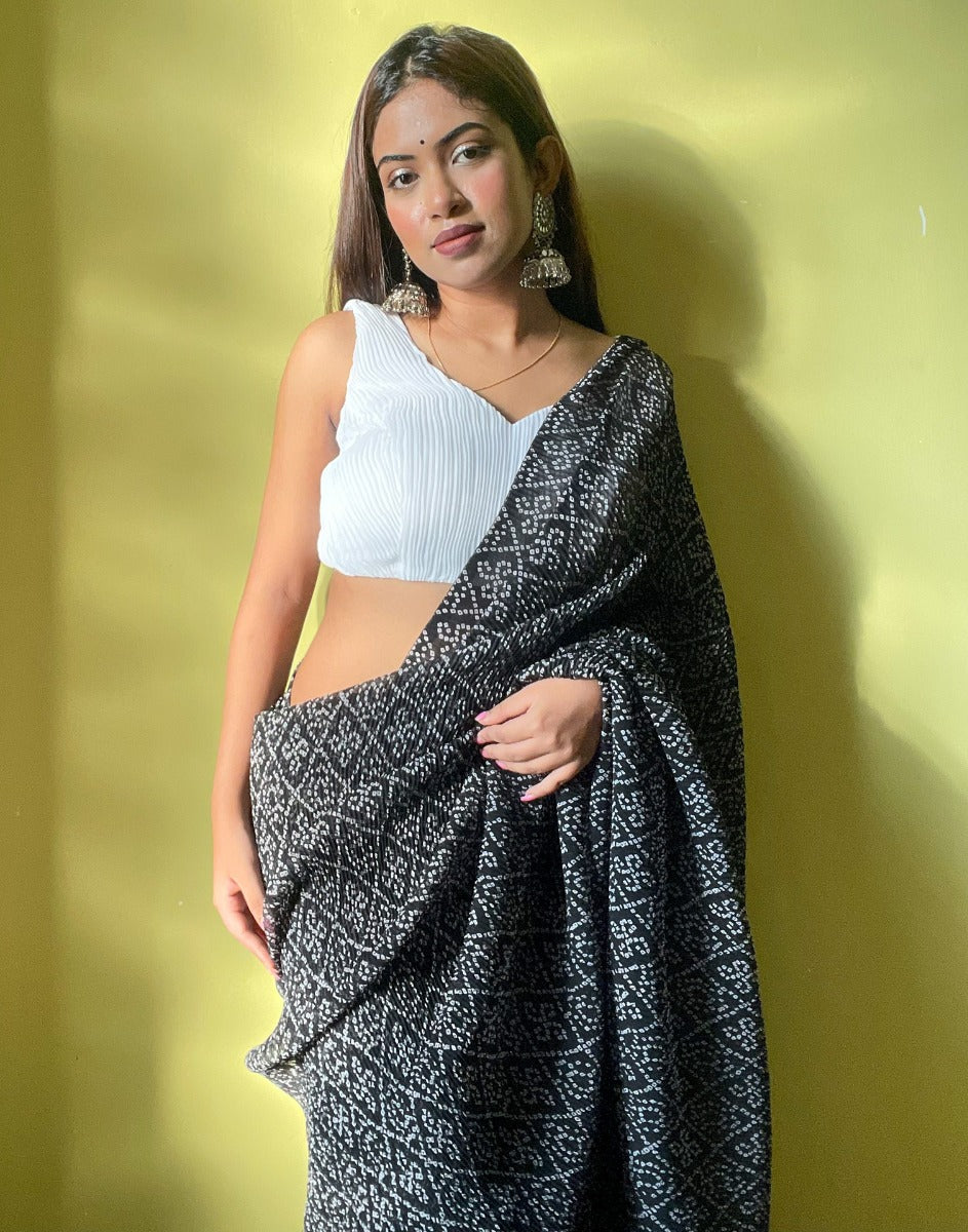 Black Bandhani Pleated Saree | Leemboodi