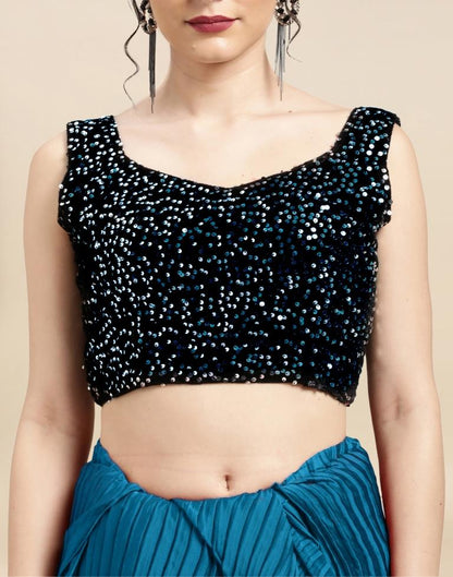 Teal Blue Plain Polyester Saree