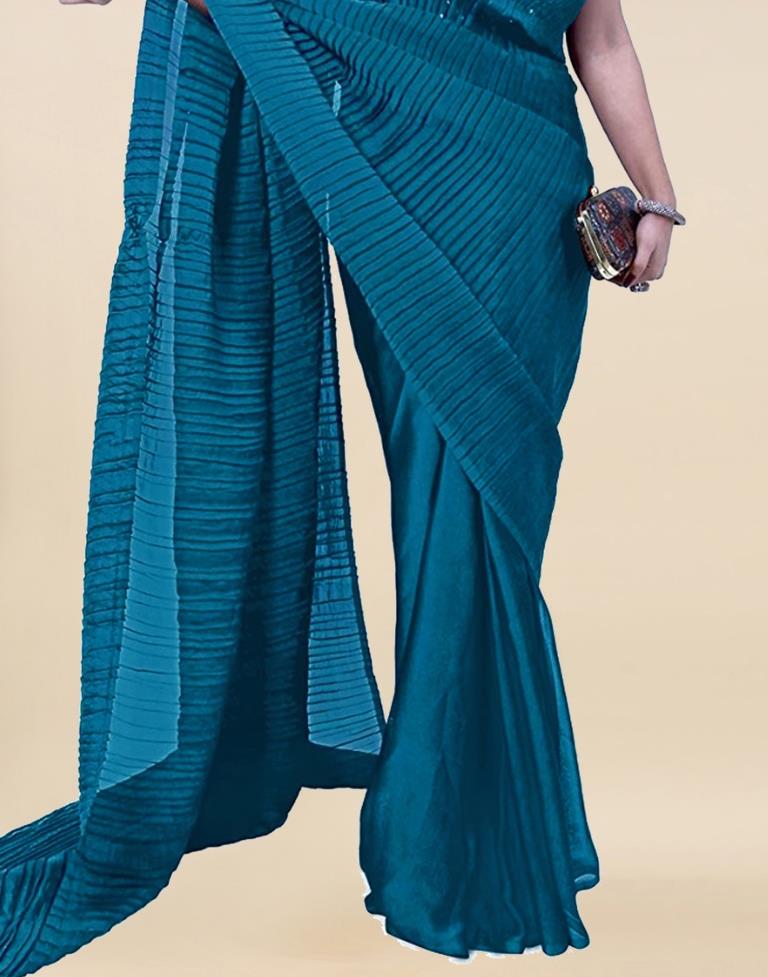 Teal Blue Plain Polyester Saree