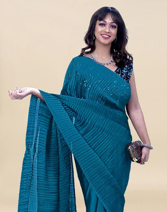 Teal Blue Plain Polyester Saree