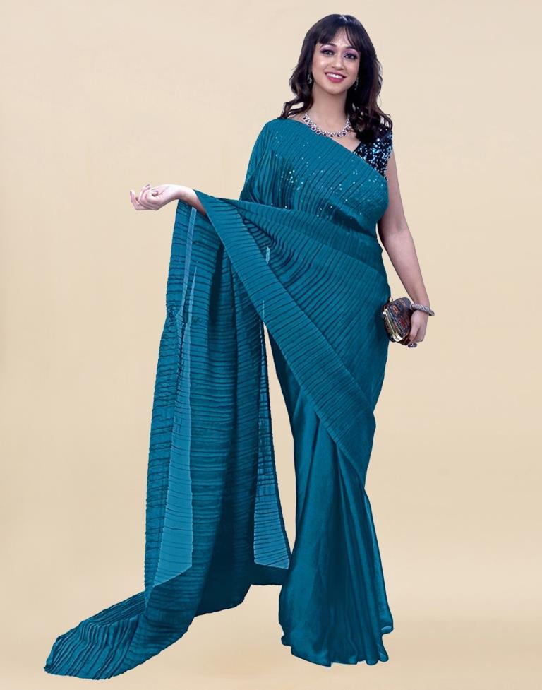 Teal Blue Plain Polyester Saree