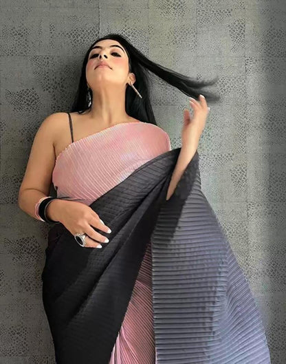 Light Pink And Black Pleated Saree | Leemboodi