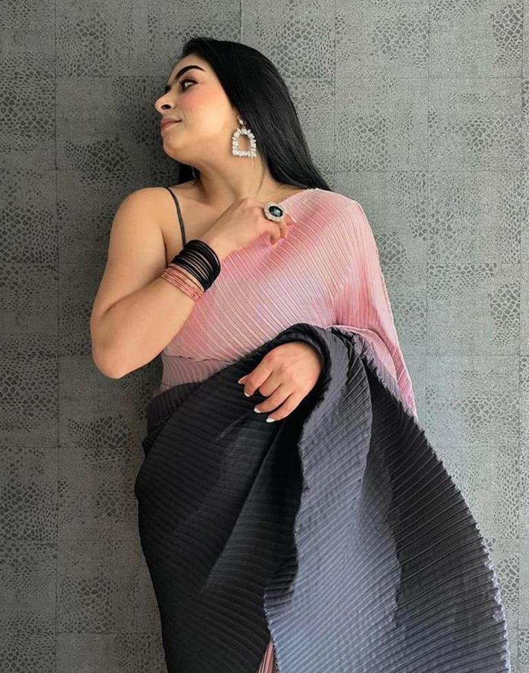Light Pink And Black Pleated Saree | Leemboodi