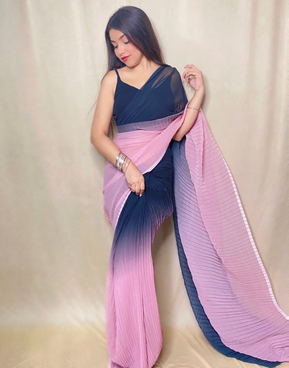 Light Pink And Black Pleated Saree | Leemboodi