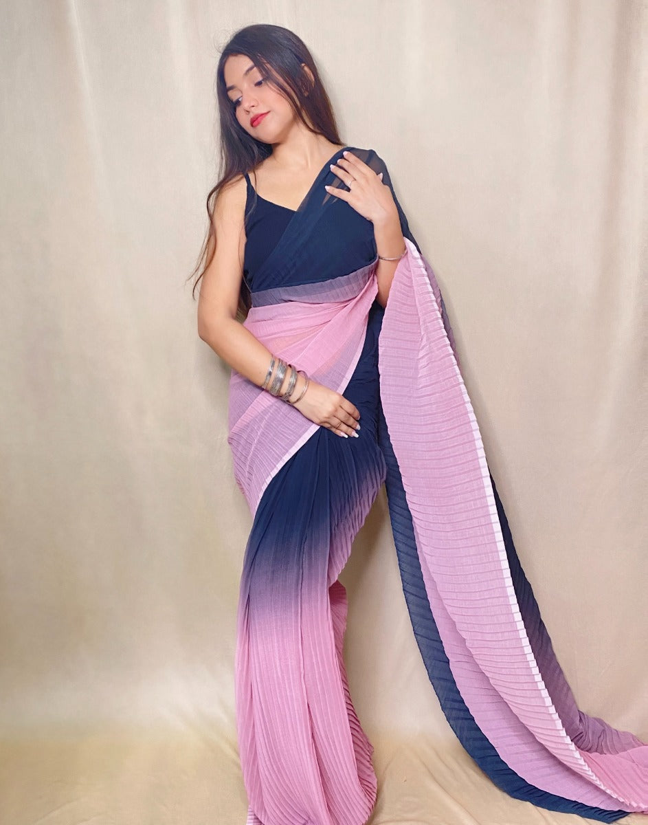 Light Pink And Black Pleated Saree | Leemboodi