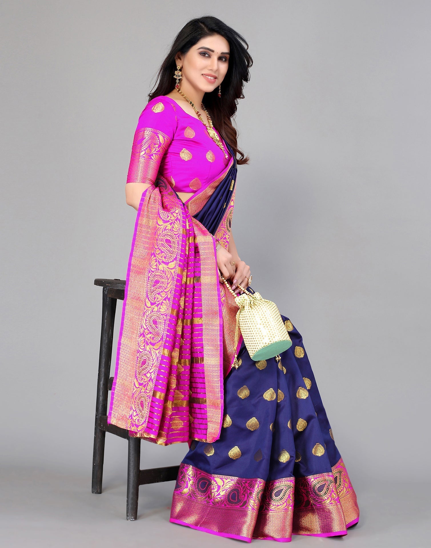 Navy Blue Banarasi Silk Saree | Leemboodi