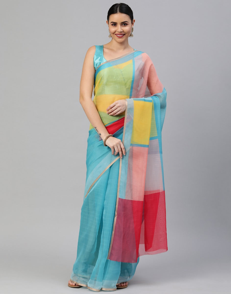 Aqua Blue Organza Saree | Leemboodi