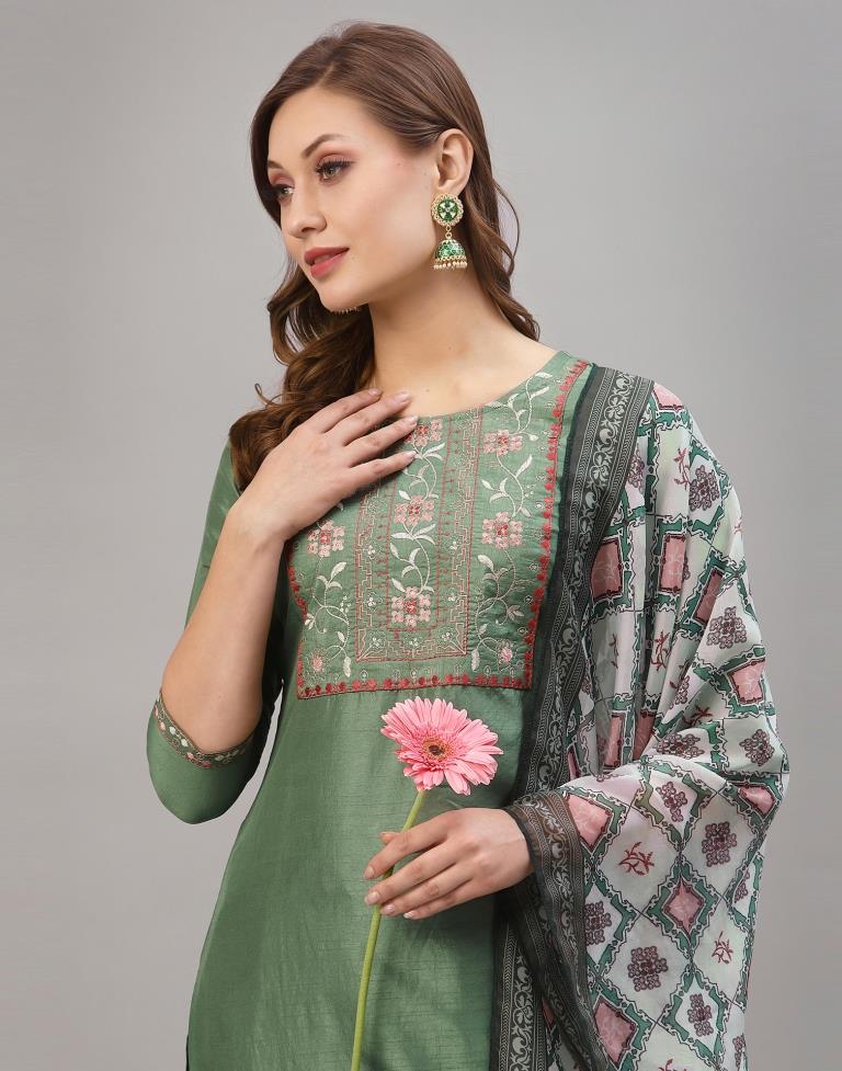 Pista Green Kurti With Pant And Dupatta | Leemboodi