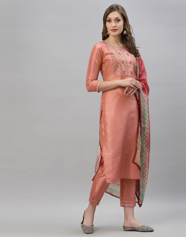 Peach Kurti With Pant And Dupatta | Leemboodi