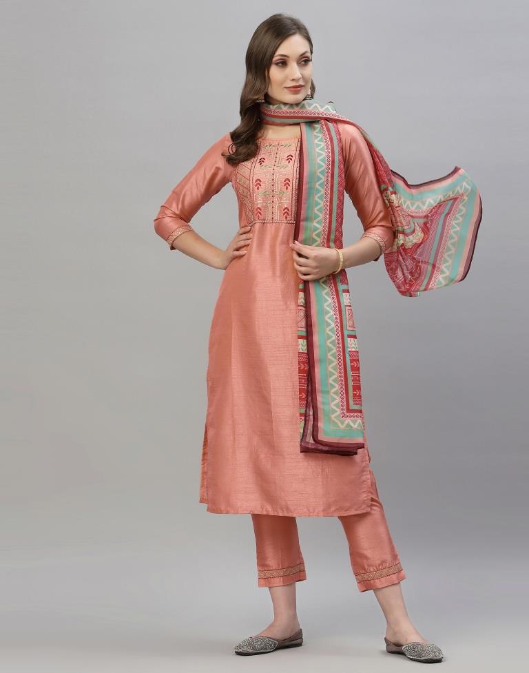 Peach Kurti With Pant And Dupatta | Leemboodi