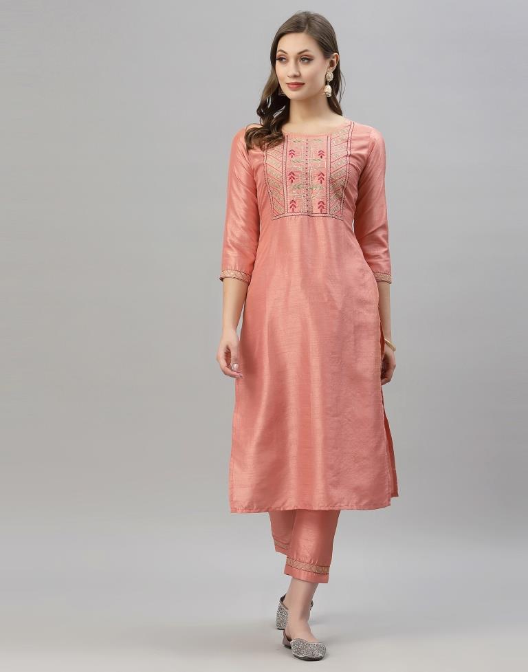 Peach Kurti With Pant And Dupatta | Leemboodi