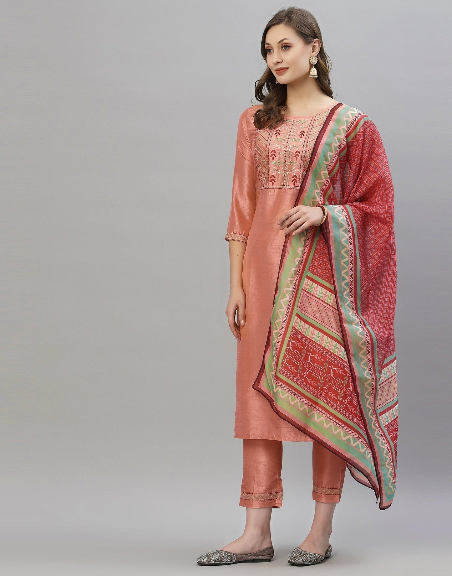 Peach Kurti With Pant And Dupatta | Leemboodi